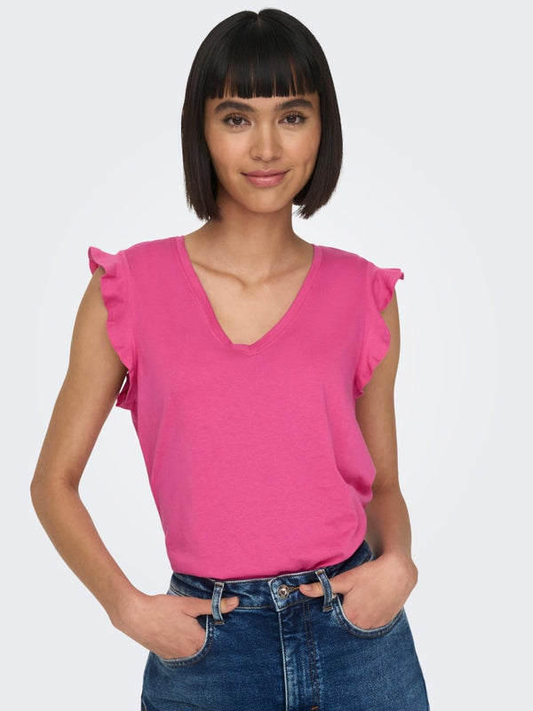 ONLMAY S/S FRILL V-NECK TOP BOX JRS 15252469 - SHOCKING PINK