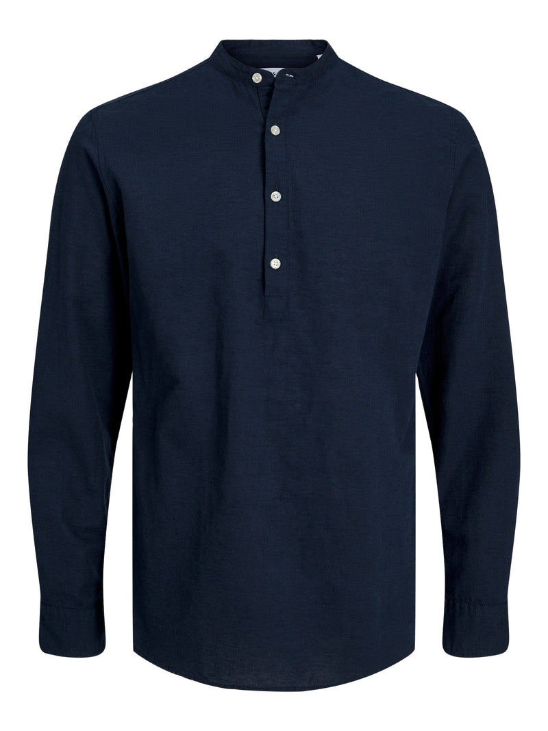 JJLINEN BLEND BAND HALF PLACKET SHIRT LS 12248593 - Navy