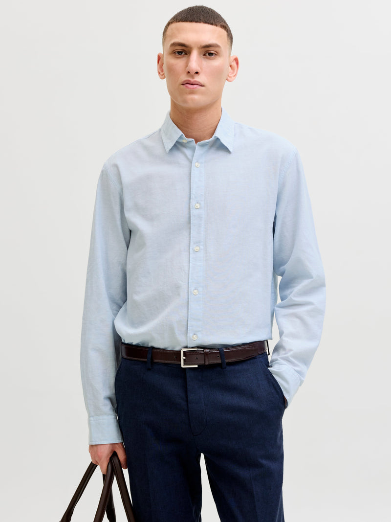 JACK & JONES Camicia Lino Uomo Slim Fit - Jjebreeze Linen Ble Band LS, Colletto A Fascia, Maniche Lunghe (Plus Size)