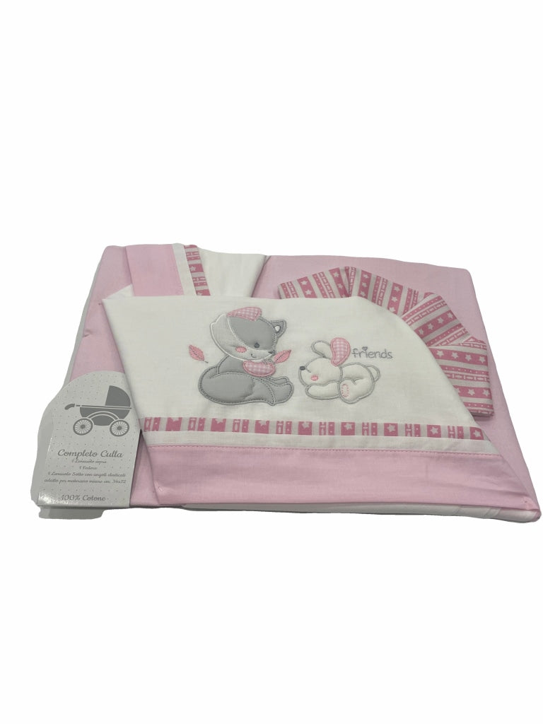 Lenzuolino Culla con Ricamo completo 3 pz EC1751BR - Rosa -